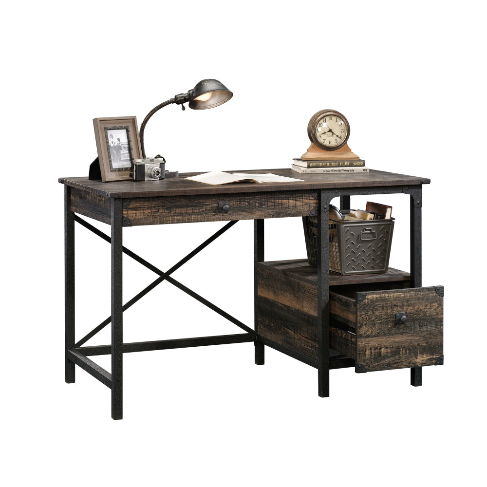 Steel River Desk, Industrial Office Desk with Two Drawers and Open Shelf - Carbon Oak Finish