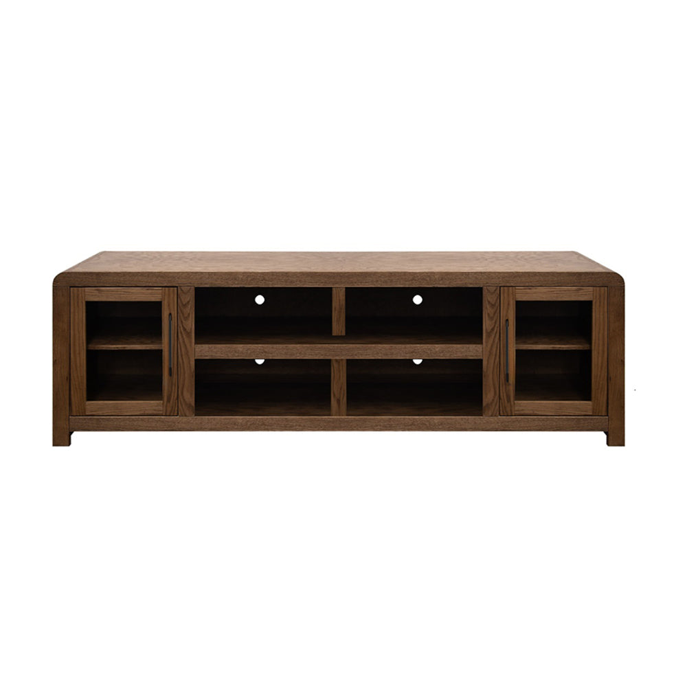 Haven 82 inch TV Stand with Glass Doors, for TVs up to 90 inches, No Assembly Required, Oak Bourbon Finish