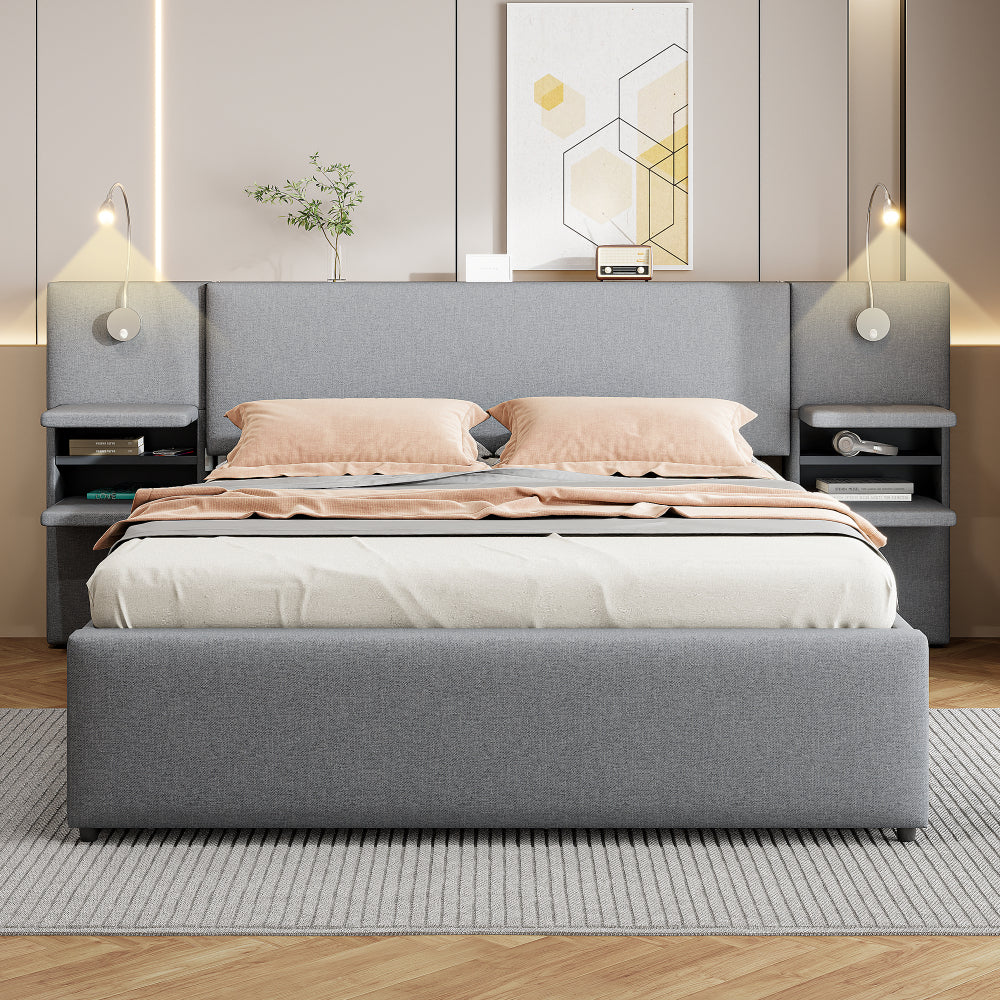 Queen Size Upholstered Platform Bed with Reading Lights, Drawers, Trundle and Shelves, Gray