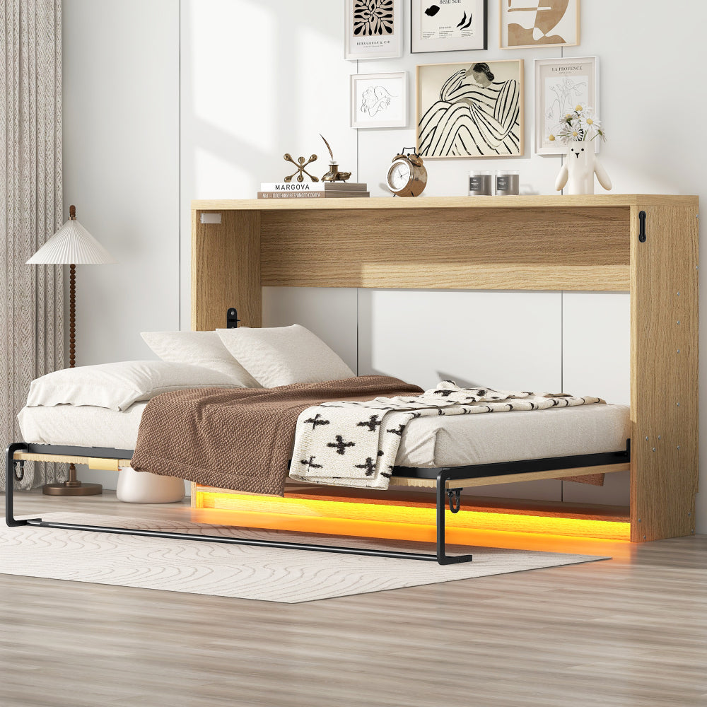 Twin XL Size Murphy Bed with LED Light, can be Folded into a Cabinet, Natural