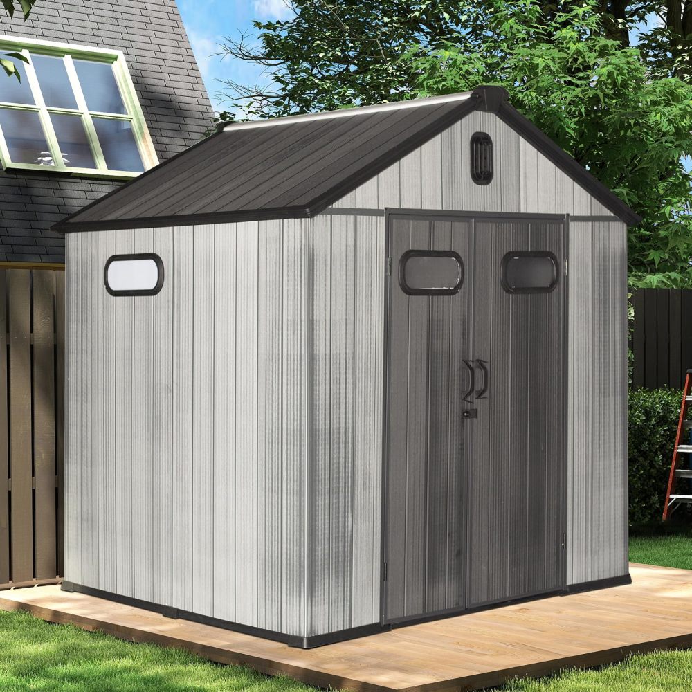 8x8FT Resin Outdoor Storage Shed with Lockable Door, Waterproof Outside Sheds with Windows & Vents, Heavy-Duty Plastic Tool Storage Shed for Patio Furniture, Lawn Mower, Bike