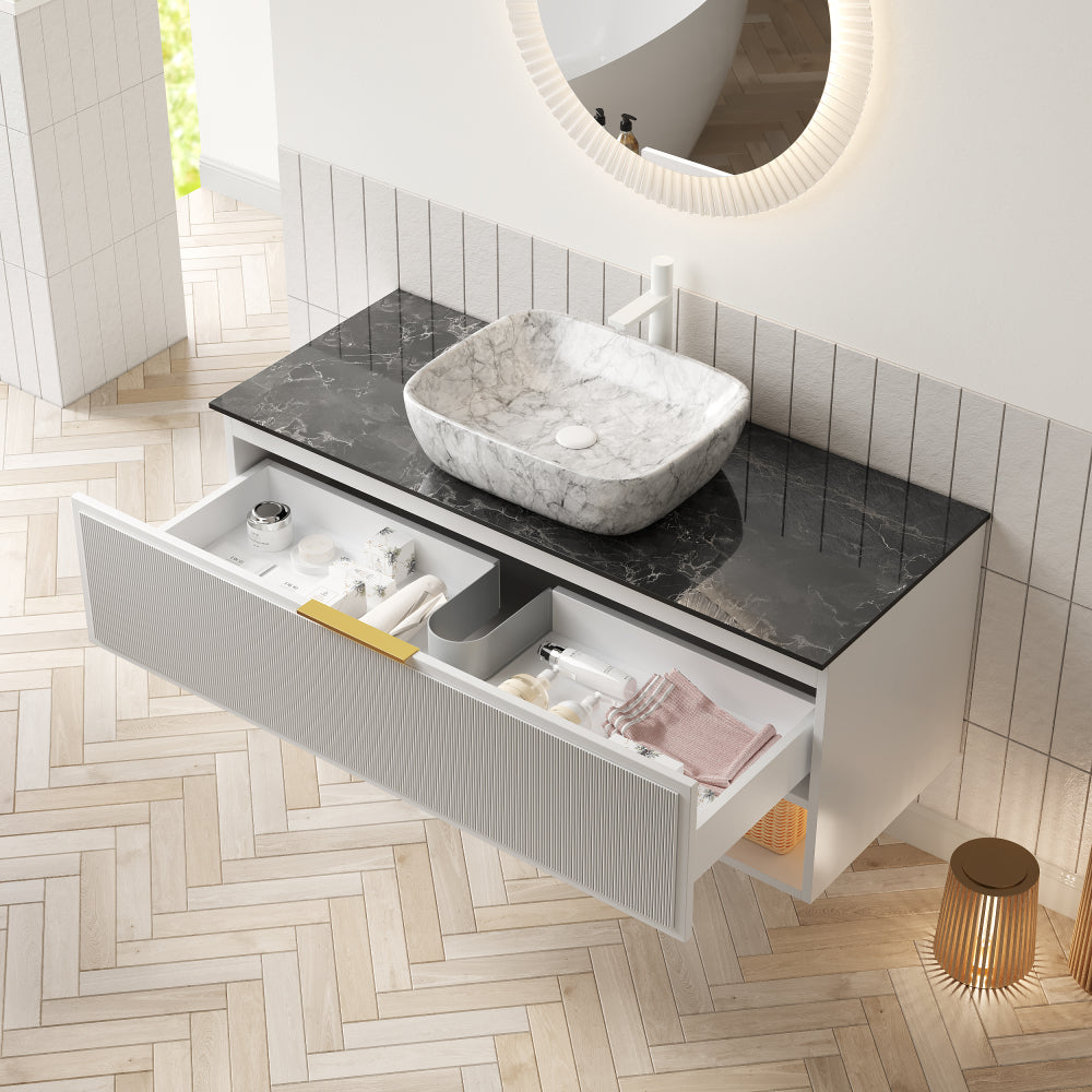 MALONE 48" Bathroom Vanity with Sink, Floating Plywood Storage Cabinet, 2 Pinstripe Drawers&Shelf, Sensor Light, Marble Pattern Ceramic Vessel Basin&Black Sintered Stone Top, Pre-assembled, White