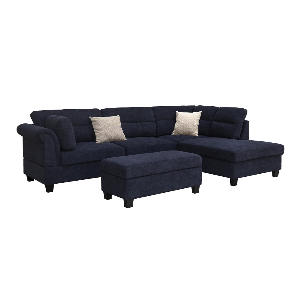 Diego 100"W Black Fabric Sectional Sofa with Right Facing Chaise, Storage Ottoman, and 2 Accent Pillows