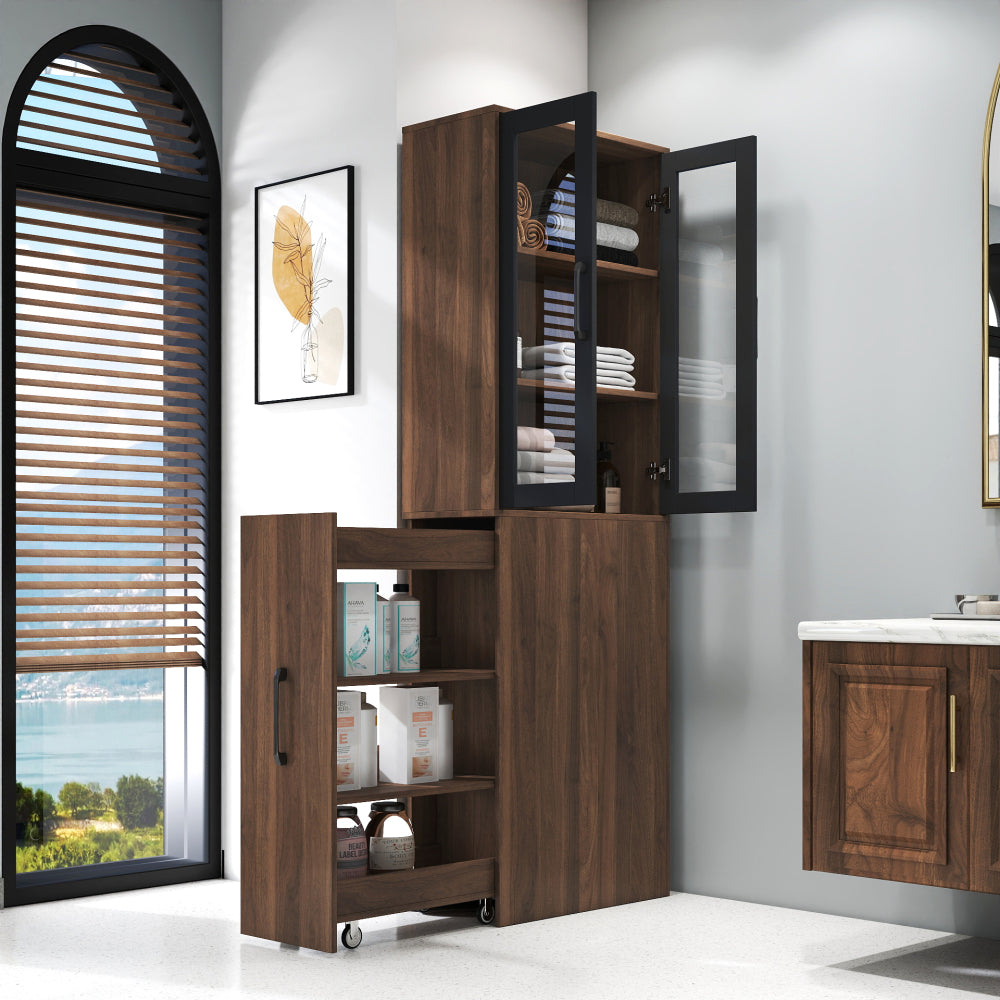 70.87" H Display Storage  Cabinet , 4 Tier multi-functional pull-out multi-tier storage shelf & 2 Glass Doors, Modern Wooden  Kitchen Pantry Cabinet for Living Room or Kitchen and Dinning Room