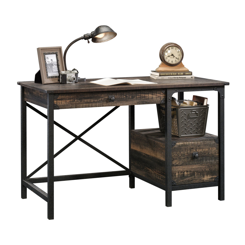 Steel River Desk, Industrial Office Desk with Two Drawers and Open Shelf - Carbon Oak Finish