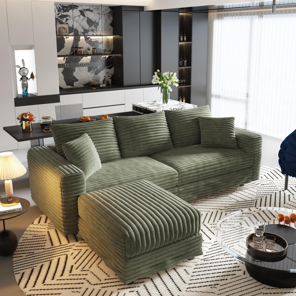 82.7 "Plush Corduroy 3-Seat Sofa,Modern Comfy Upholstered Sofa Cloud Couch,Deep Seat Couches with Soft Pillows and 1 Ottomans,Convertible Sofa Lounge Chair,Green(ETA:8.15)