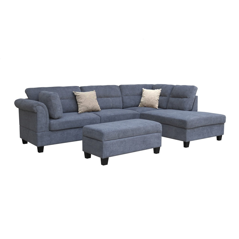 Diego 100"W Gray Fabric Sectional Sofa with Right Facing Chaise, Storage Ottoman, and 2 Accent Pillows