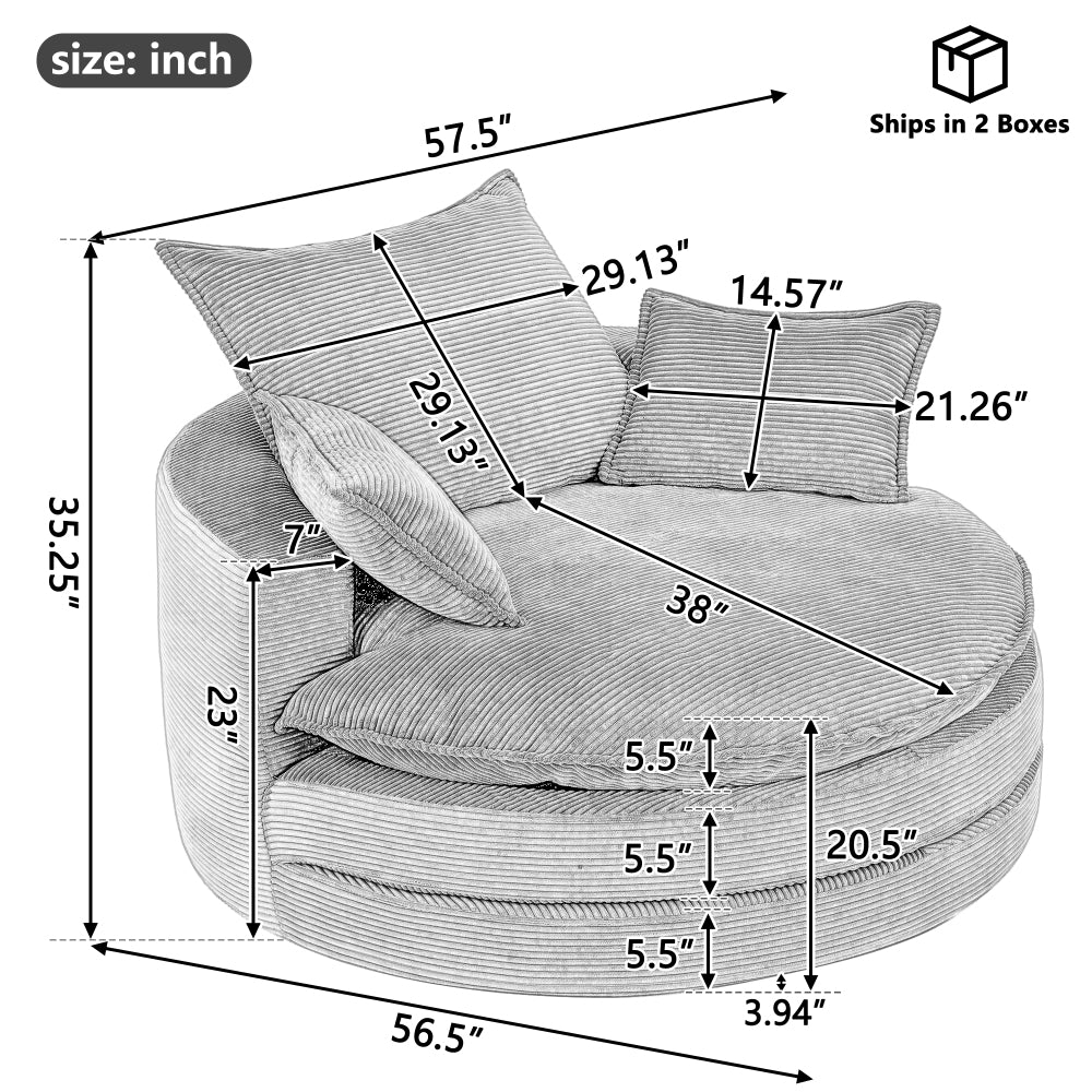 360° Swivel Sofa Chair Accent Barrel Chair 57.5"  Swivel Round Chair with Dual-layer Cushion Design and 3 Removable Pillows for Living Room, Bedroom, Office and Hotel, Blue