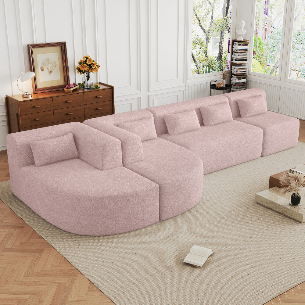 144" Upholstered Sofa Free-combined Sofa Couch with Two Chaise Lounge and Five Back Pillows for Living Room, Pink