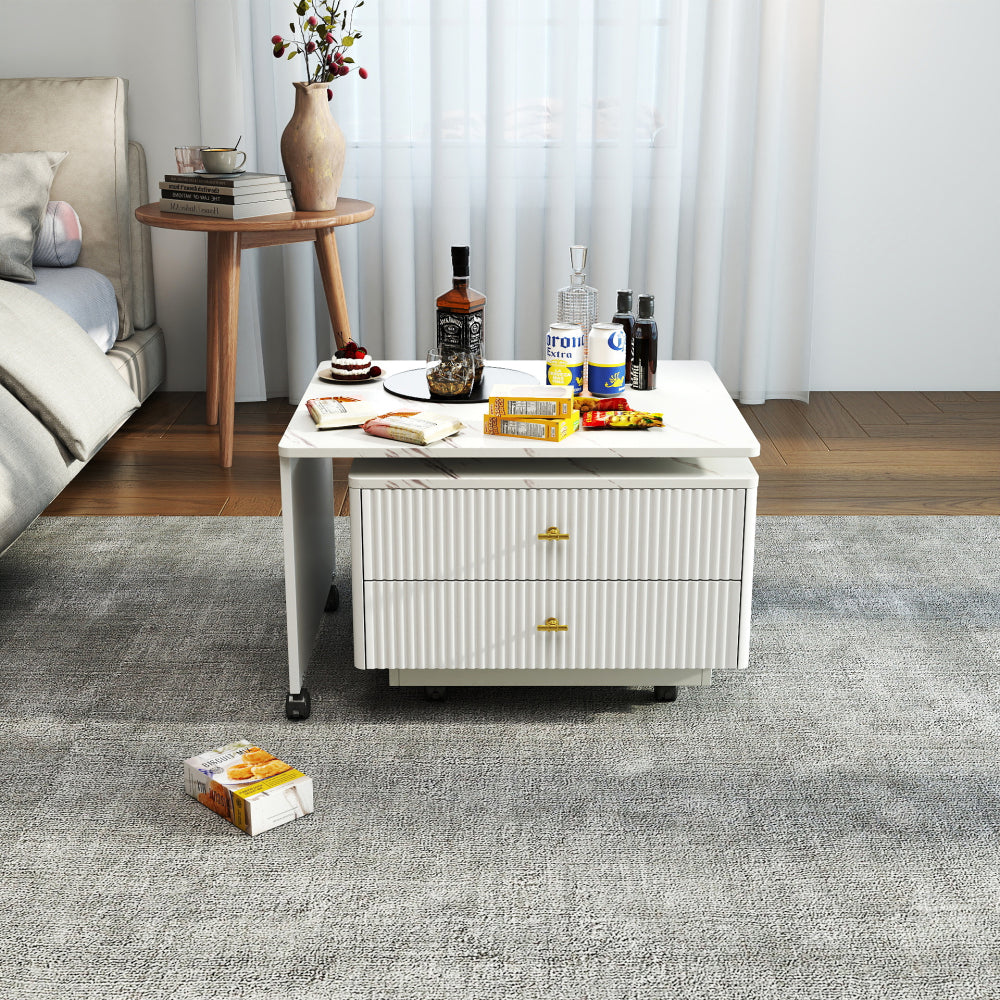 Extendable Coffee Table with Storage, Reversible Living Room Table with 2 Drawers and with 6 Wheels, White