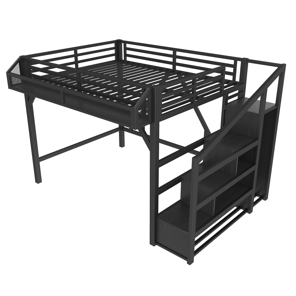 Full Loft Bed with Storage Stairs, Shelves and Built-in Wardrobe, Metal Loft Bed Frame with USB Ports and LED Lights, Noise-reduced Design, Black Woodgrain