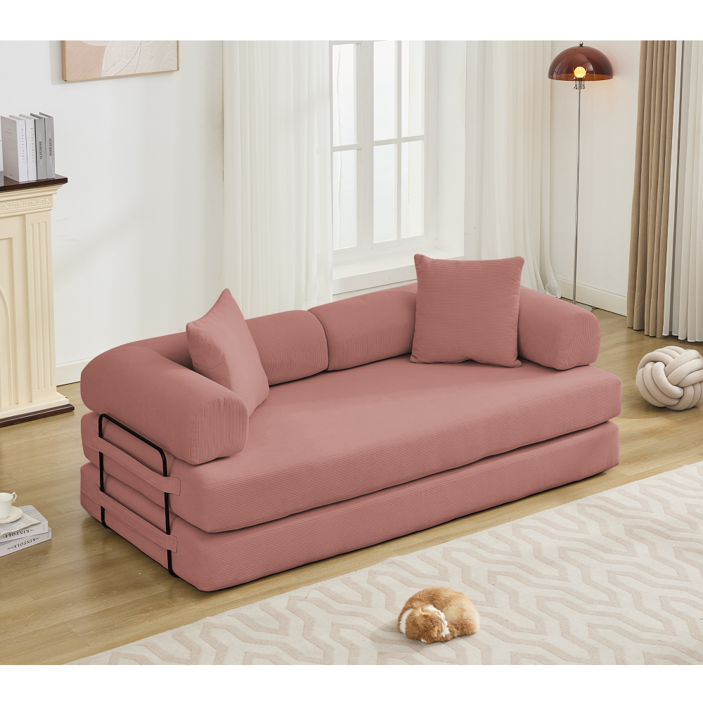 [NEW ARRIVED] [VIDEO PROVIDED] 78.5" Folding Convertible Out Sleeper Sofa Bed,5-in-1 DIY Combination Convertible  Sofa, 3 seat, Folding Sleeper Sofa, King Size , Bedroom,Apartment,Corduroy, PINK