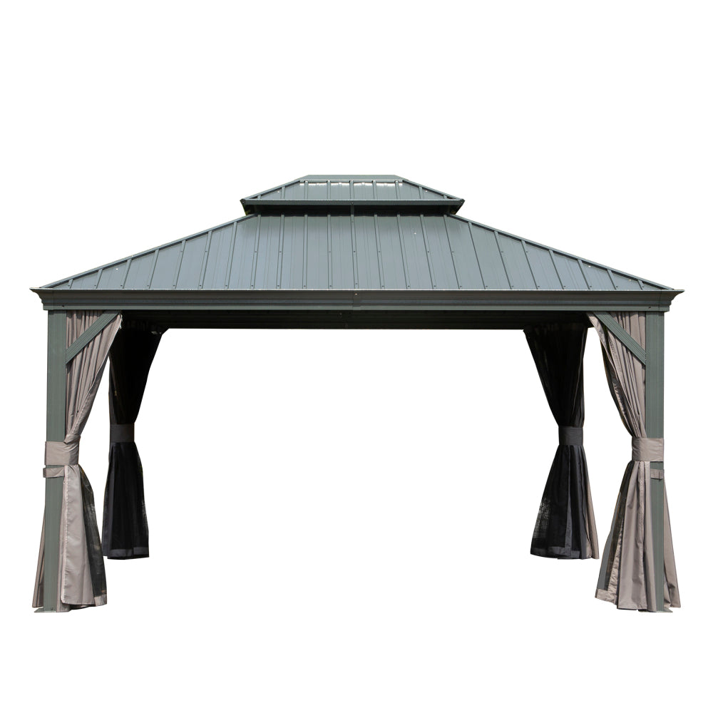 10' X 12' Hardtop Gazebo Outdoor Metal Gazebo with Galvanized Steel Double Roof Canopy, Aluminum Frame, Curtains and Netting for Patio, Deck, Garden, Grey