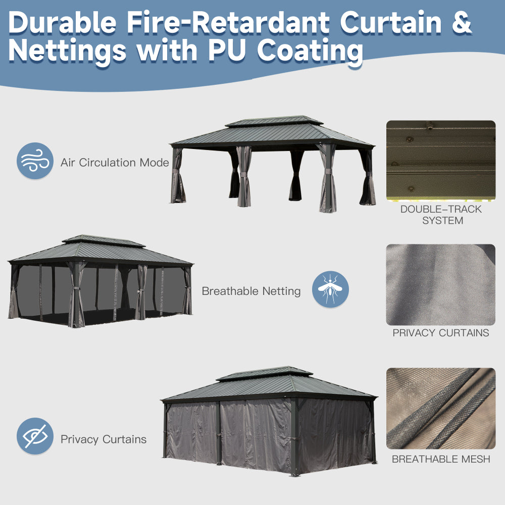 14' X 20' Hardtop Gazebo Outdoor Metal Gazebo Canopy with Galvanized Steel Double Roof, Aluminum Frame, Curtains and Netting for Patio, Deck, Garden, Grey