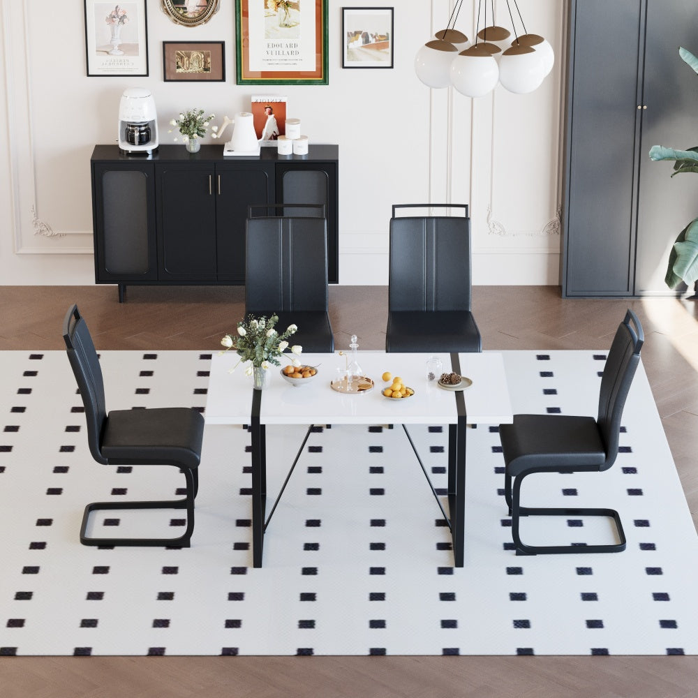 55 "rural industrial rectangular MDF white dining table and 4 PU armless dining chair set, kitchen black metal table leg dining chair set