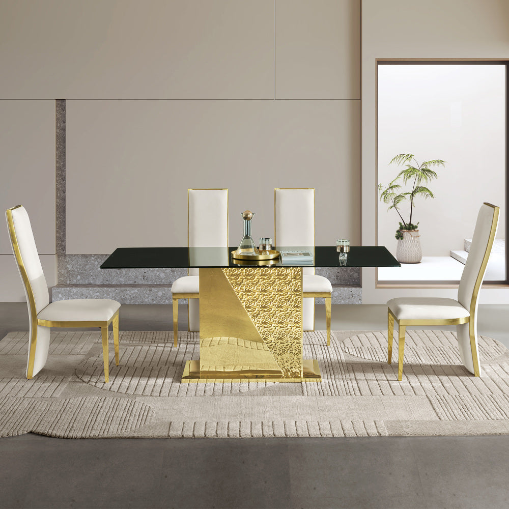 Gold stainless steel legs dining table  70.08 inch black  tempered glass top