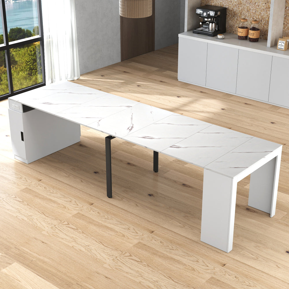 Modern Multifunctional Extendable Dining Table with Outlet, Space Saving Expanding Table with Storage for Party, Weddings, Meetings, Celebrations
