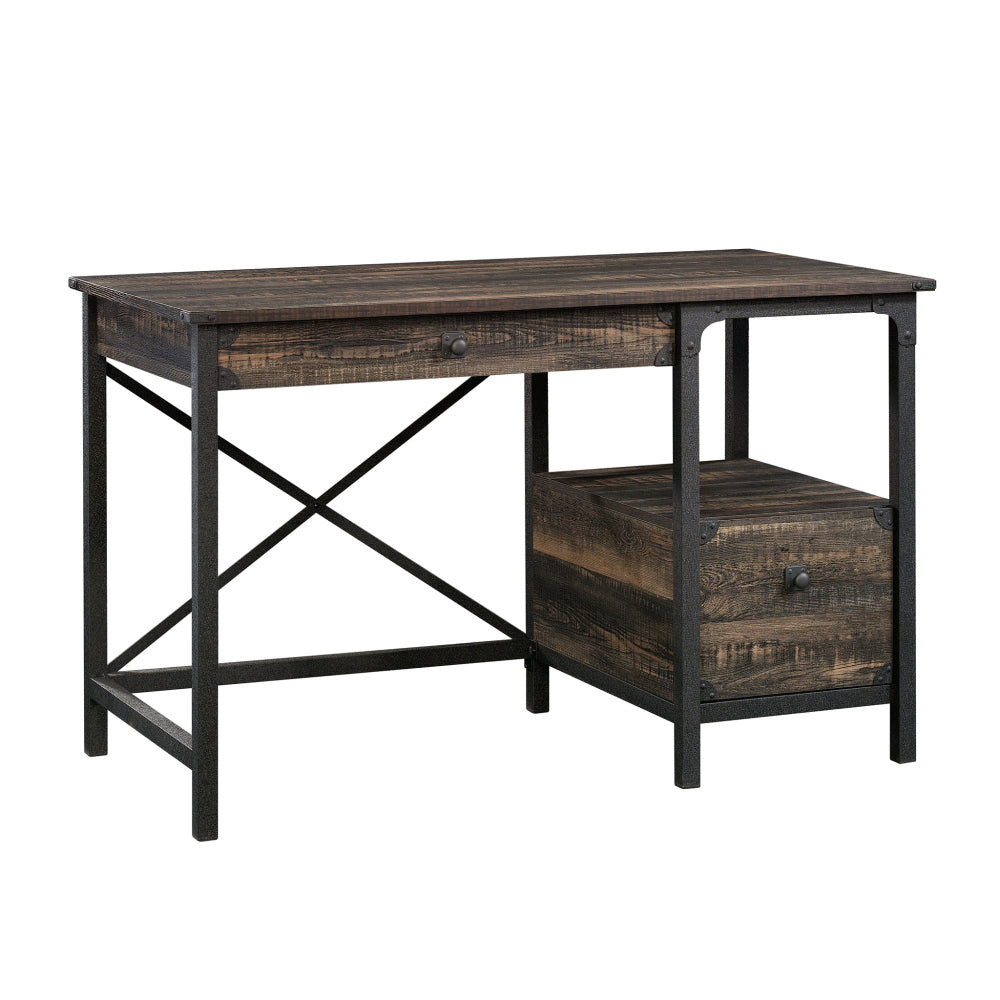 Steel River Desk, Industrial Office Desk with Two Drawers and Open Shelf - Carbon Oak Finish