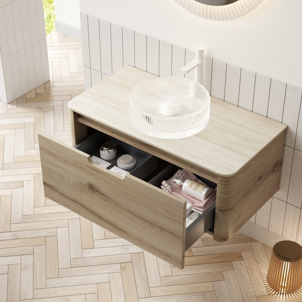XAI 36" Bathroom Vanity with Sink, Floating Plywood Storage Cabinet with Drawer, Transparent Round Glass Basin and Roma Travertine-Pattern Sintered Stone Top, Pre-assembled, White Oak Woodgrain Color