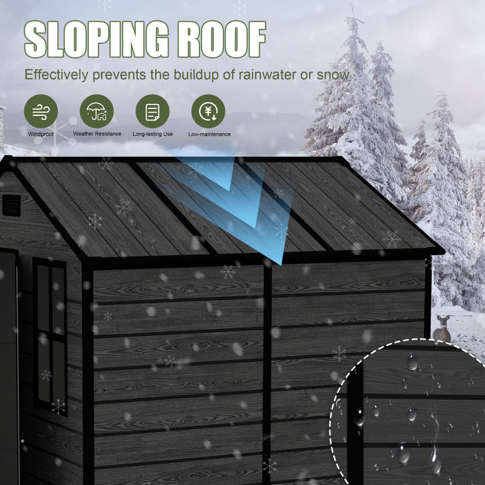 Campcraft 6*6ft resin storage shed, high quality pp material, strong structure, waterproof, rust and UV proof, large storage space, 12mm thick pp board, HD window lighting Black wood grain color