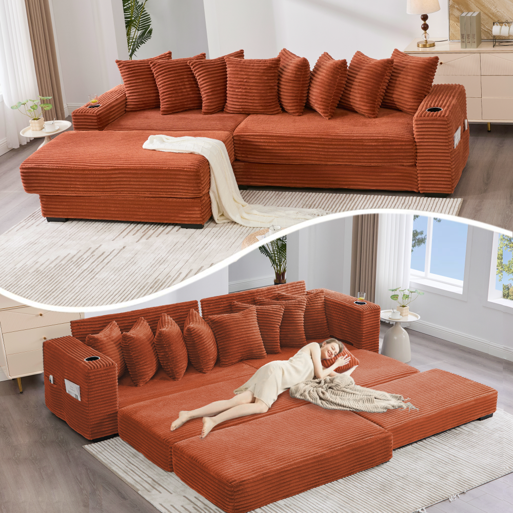 [NEW ARRIVED] [VIDEO PROVIDED]   110.75" Modular L Shaped Sofa, Corduroy Fabric Sectional Couch,With a movable footstool, Cup Holders,Bring 8 throw pillows,Side Pocket,Unfold into a Bed,Orange