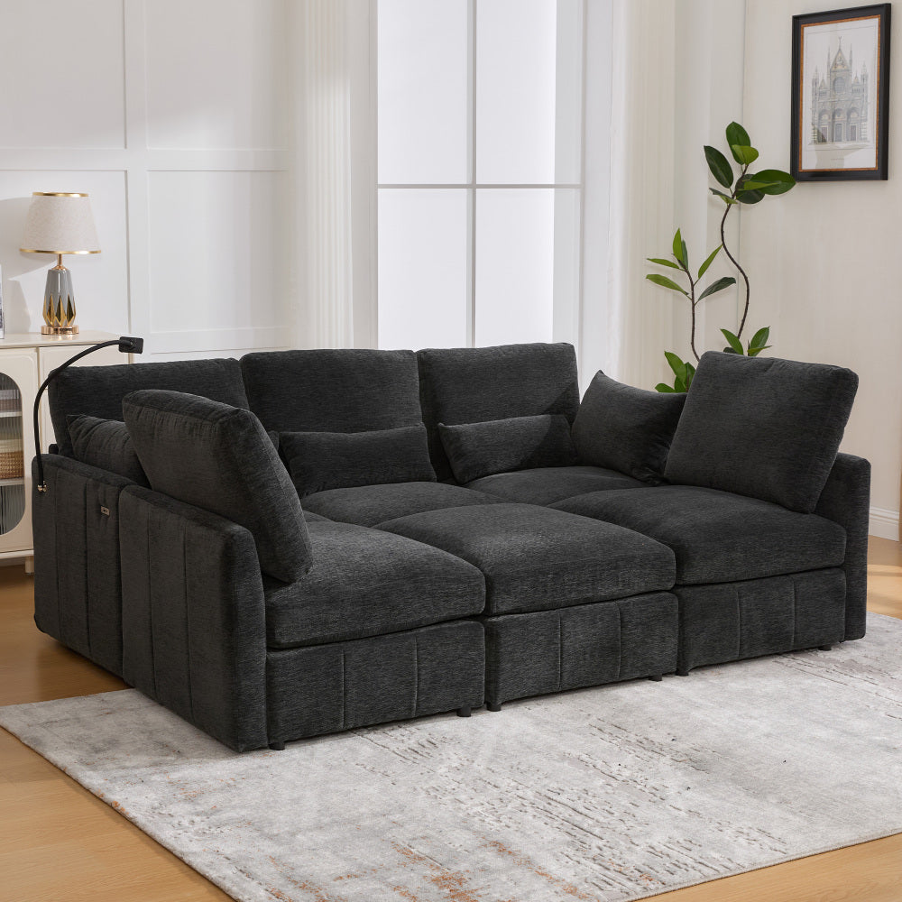 Modern Sectional Sofa Modular Sofa 85.4" U-shaped Sofa Couch Sofa Bed L-shaped Sofa with a Movable Ottoman and Two USB Ports and a Phone Holder for Living Room, Black