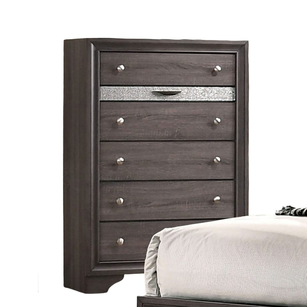 Gray Finish Contemporary Style 1pc Chest  Hidden Jewelry Drawer English Dovetail Drawers Silver Knobs Bedroom Furniture