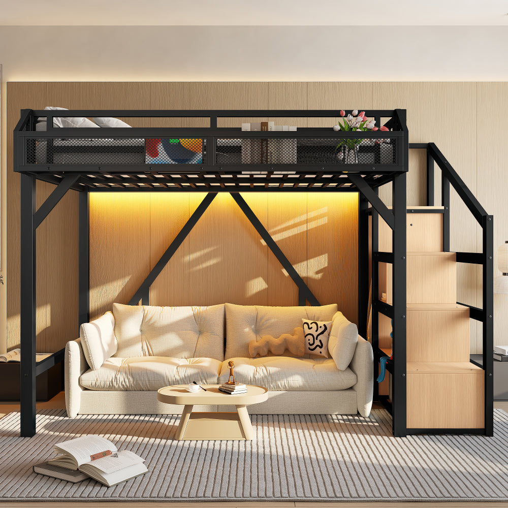 Full Loft Bed with Storage Stairs, Shelves and Built-in Wardrobe, Metal Loft Bed Frame with USB Ports and LED Lights, Noise-reduced Design, Black Woodgrain