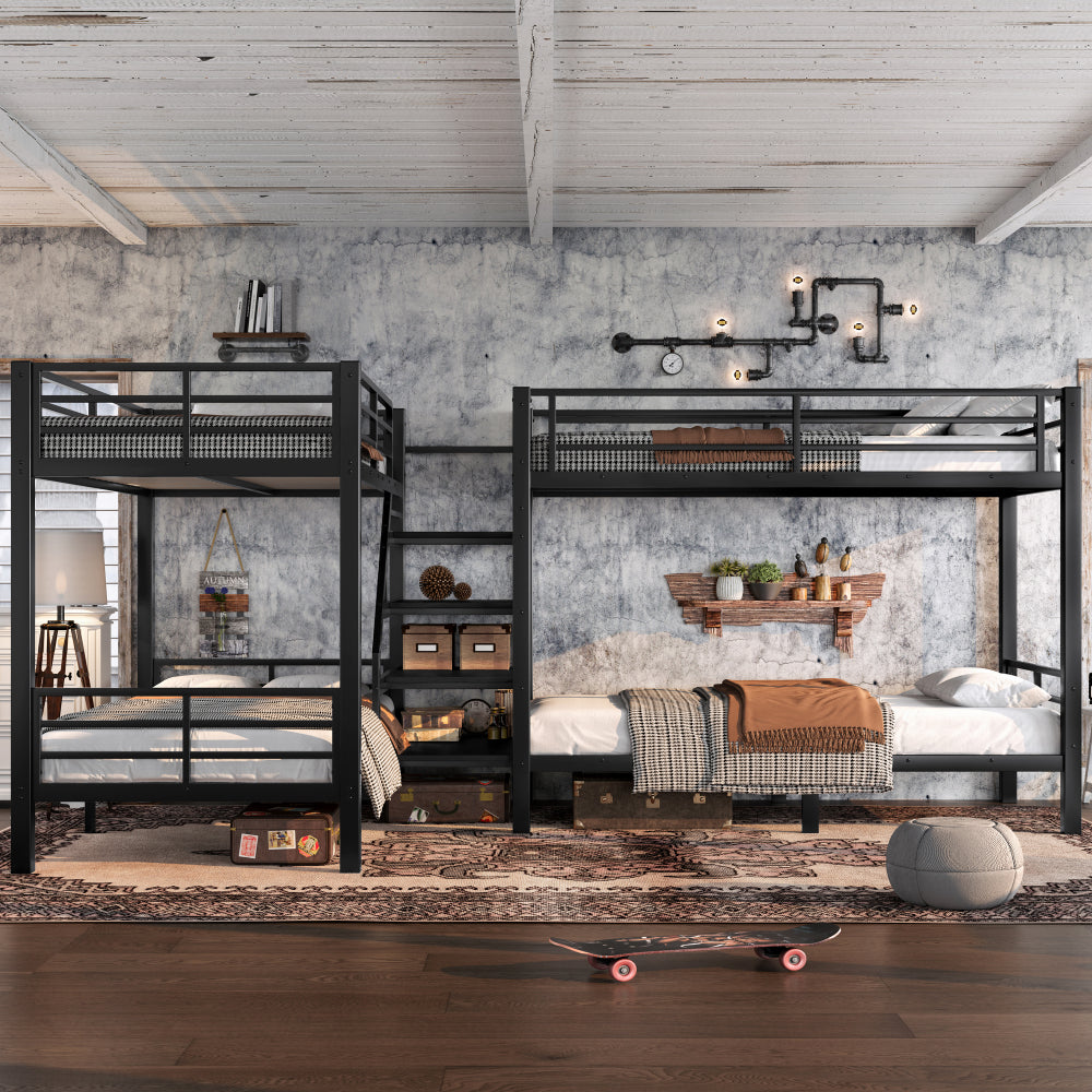 Twin L-Shaped Metal Bunk Bed with Storage Shelves and High-Quality safety Guardrail,Space-Saving,Black.