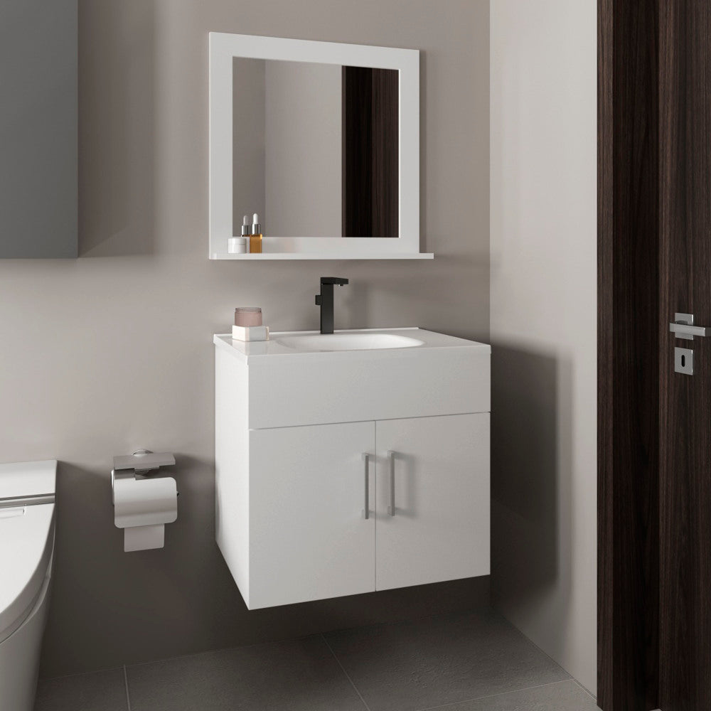 Bathroom Set, Vanity Sink + Mirror, 2 Doors, 1 Shelf, 1 Mirror, White