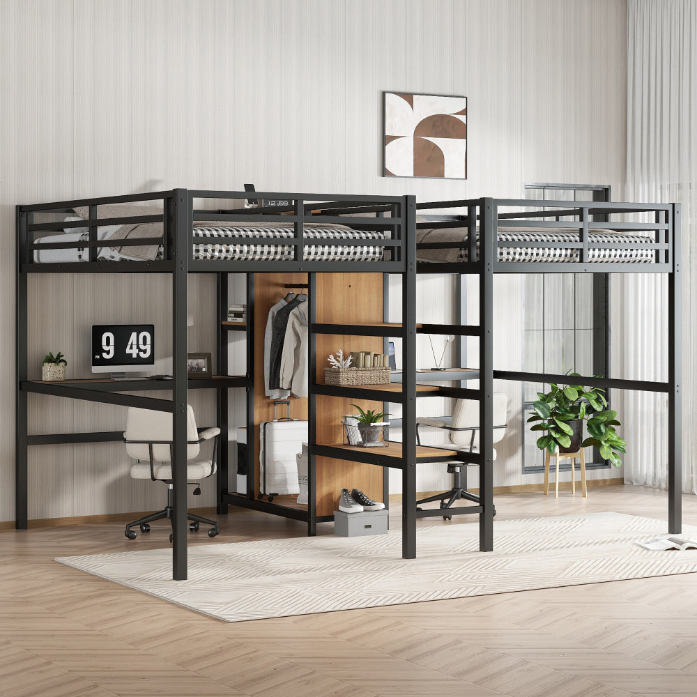 Twin Over Twin Metal Loft Bed with Double Desk and Wardrobe and Shelves with Electrical Outlet for Space Saving and Noise Reduction,White