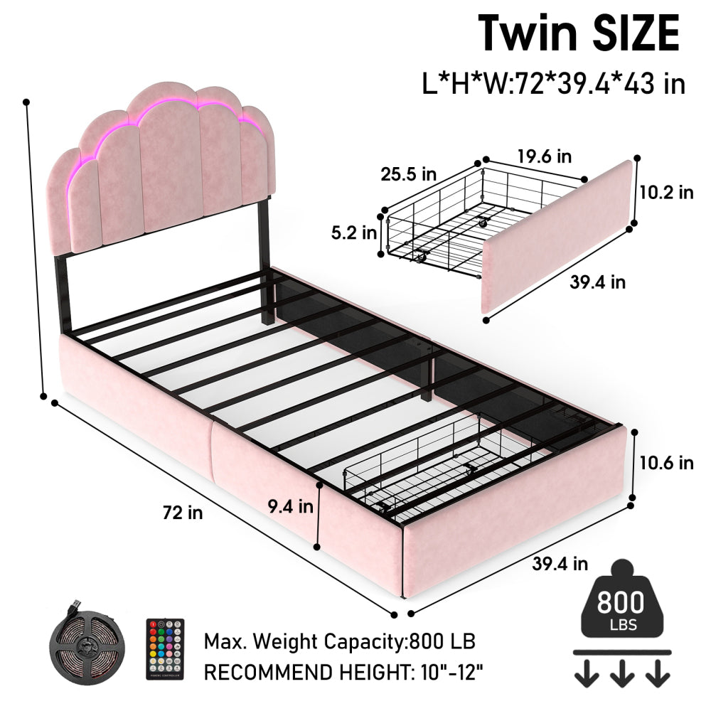 RGB LED Upholstered Platform Bed with Petal Headboard & Storage Drawers, Velvet Kids Bed