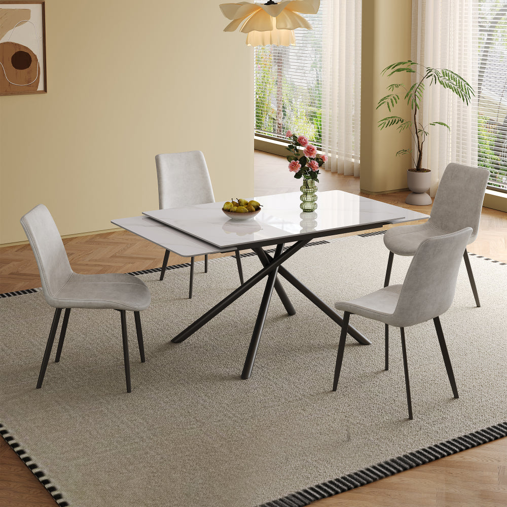 Retractable Sintered Stone Dining Table Set,It features a modern rectangular design, with black carbon steel table legs and a cross-leg structure at the bottom(Table + 4 Chairs)