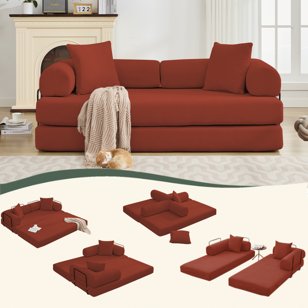 [NEW ARRIVED] [VIDEO PROVIDED] 78.5" Folding Convertible Out Sleeper Sofa Bed,5-in-1 DIY Combination Convertible  Sofa, 3 seat, Folding Sleeper Sofa, King Size , Bedroom,Apartment,Corduroy,Ancora Red