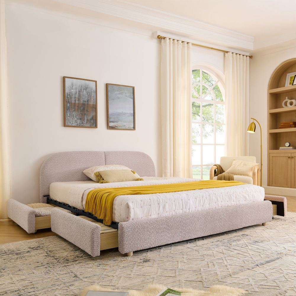 Queen Size Upholstered Bed Frame Modern Minimalist Style - Circle Yarn Fabric, Tall Curved Headboard, Sturdy Leg Support & Wheeled Drawer Storage, Mattress Not Included -Beige