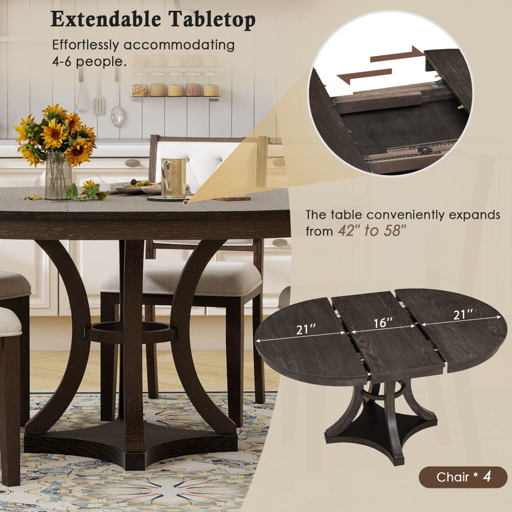TREXM 5-Piece Retro Functional Dining Table Set Extendable Round Table and 4 Upholstered Chairs for Dining Room and Living Room (Espresso)
