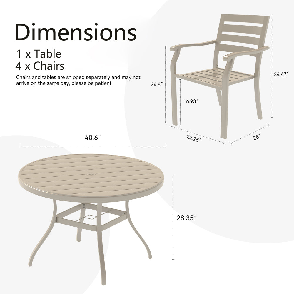5 Pieces Outdoor Patio Dining Set, 4  Stackable Metal Dining Chairs and 40.6" Round Metal Dining Table, Outdoor Table and Chairs for Lawn Garden Backyard Deck