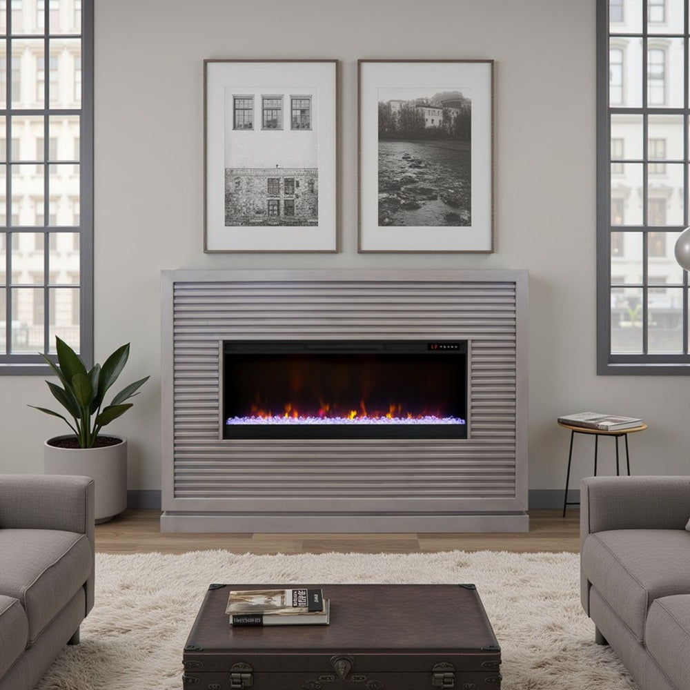 Riviera 64 inch Fireplace Mantel, Minimal Assembly, Solid Wood, Sandstone Finish