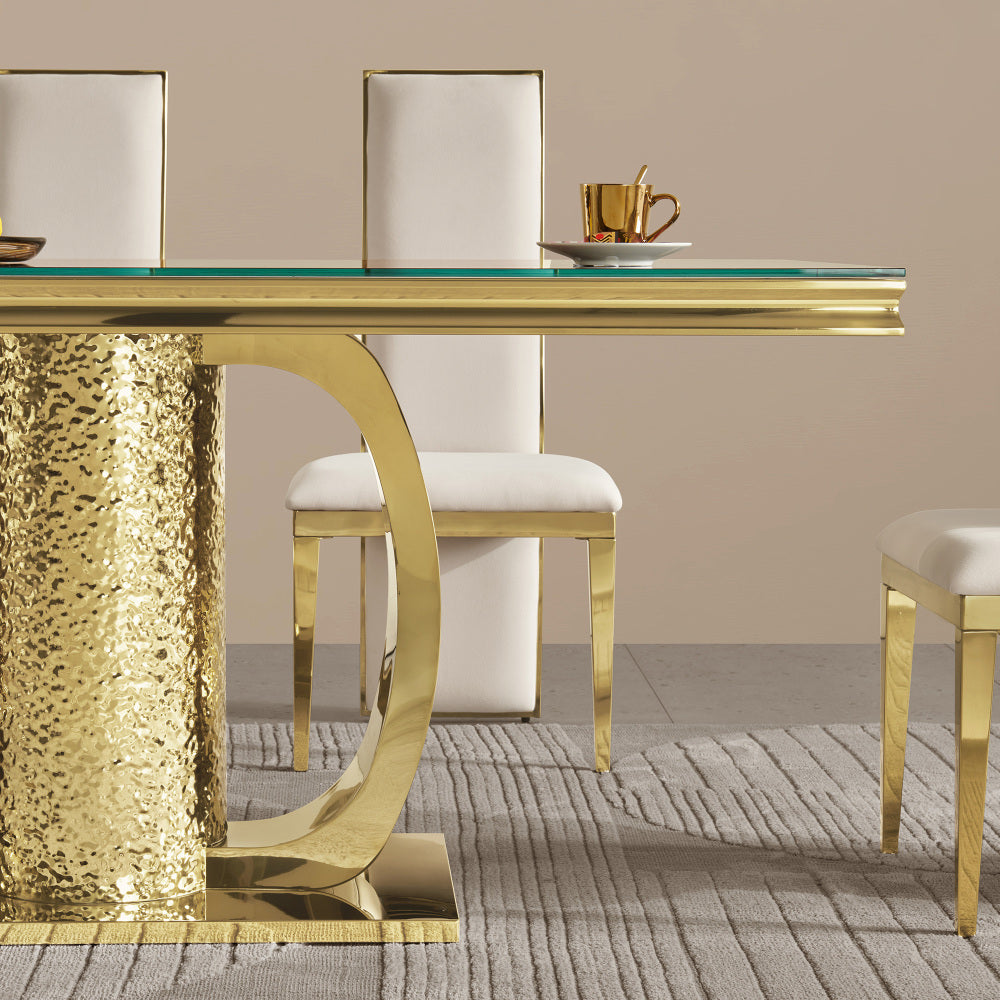 Gold stainless steel dining table  70.08 inch black tempered glass top with sticker