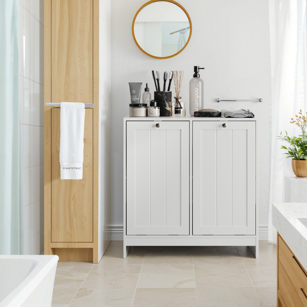 Tilted Laundry Hamper with Removable Basket, Hidden Laundry Hamper, Bathroom Laundry Hamper Storage Cabinet, Free-Standing Home Organizer, White