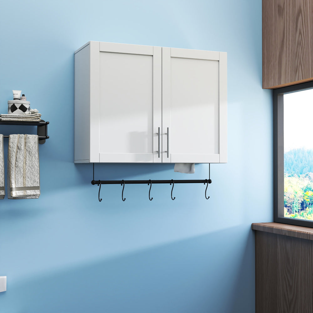 Bathroom Wall Cabinet with Adjustable Shelf, Towel Bar, 5 Hooks, Over The Toilet Storage Cabinet for Bathroom, Kitchen, White