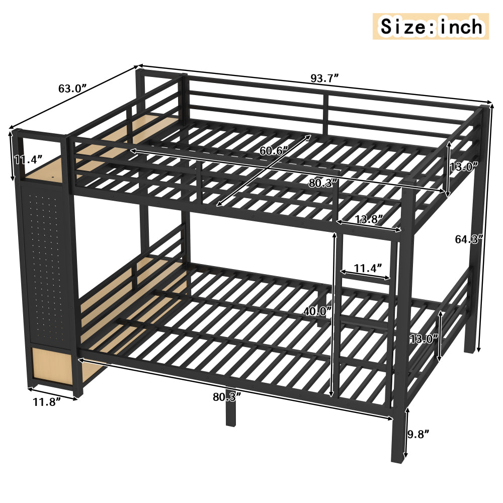 Queen over Queen size Metal Bunk Bed for Teens  with Storage Shelves ,Drawers and Pegboard,Black