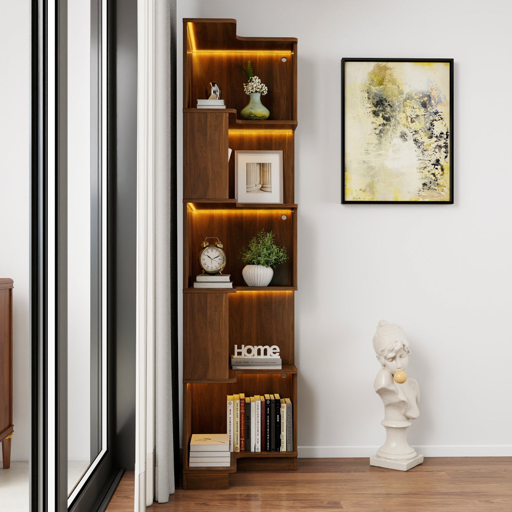 Corner Book Shelf - 5 Tier Corner Bookshelf  Bookcase with Baffle, Freestanding L Shaped Display Shelf Stand with led lights for Home Office, Living Room, Bedroom, Kitchen