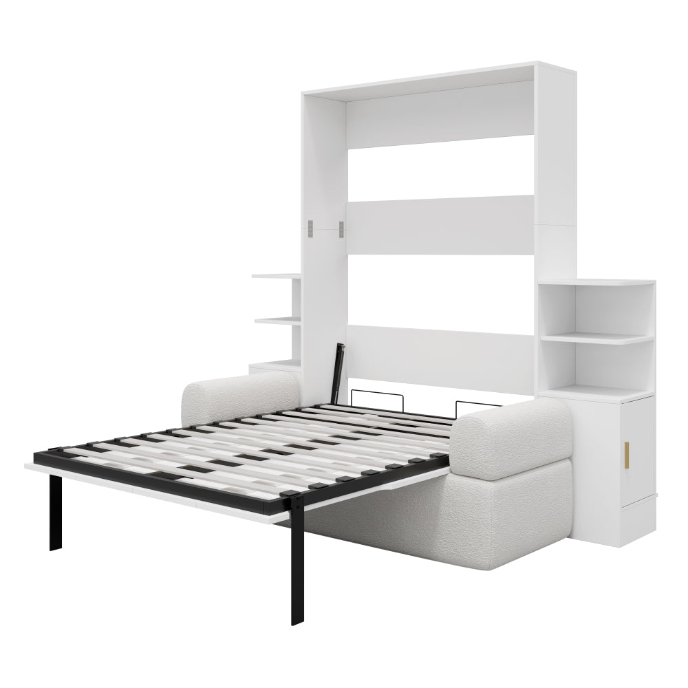 Queen Size Wall Murphy Bed with Sofa and Storage Cabinets, Space-Saving Wall Bed for Home Office & Guest Room, White