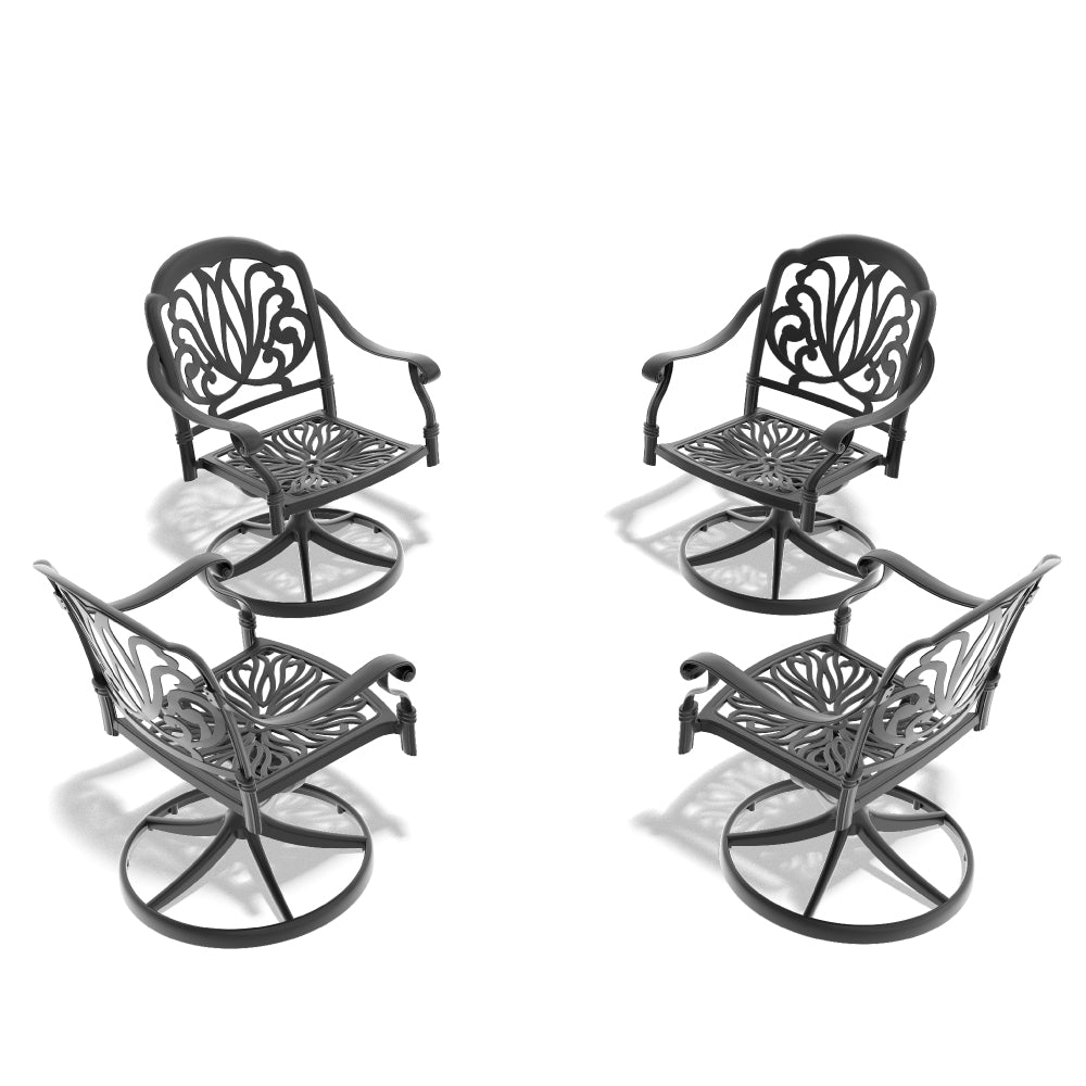 Cast Aluminum Patio Swivel Chair 4PCS With Black Frame and Brown Cushions