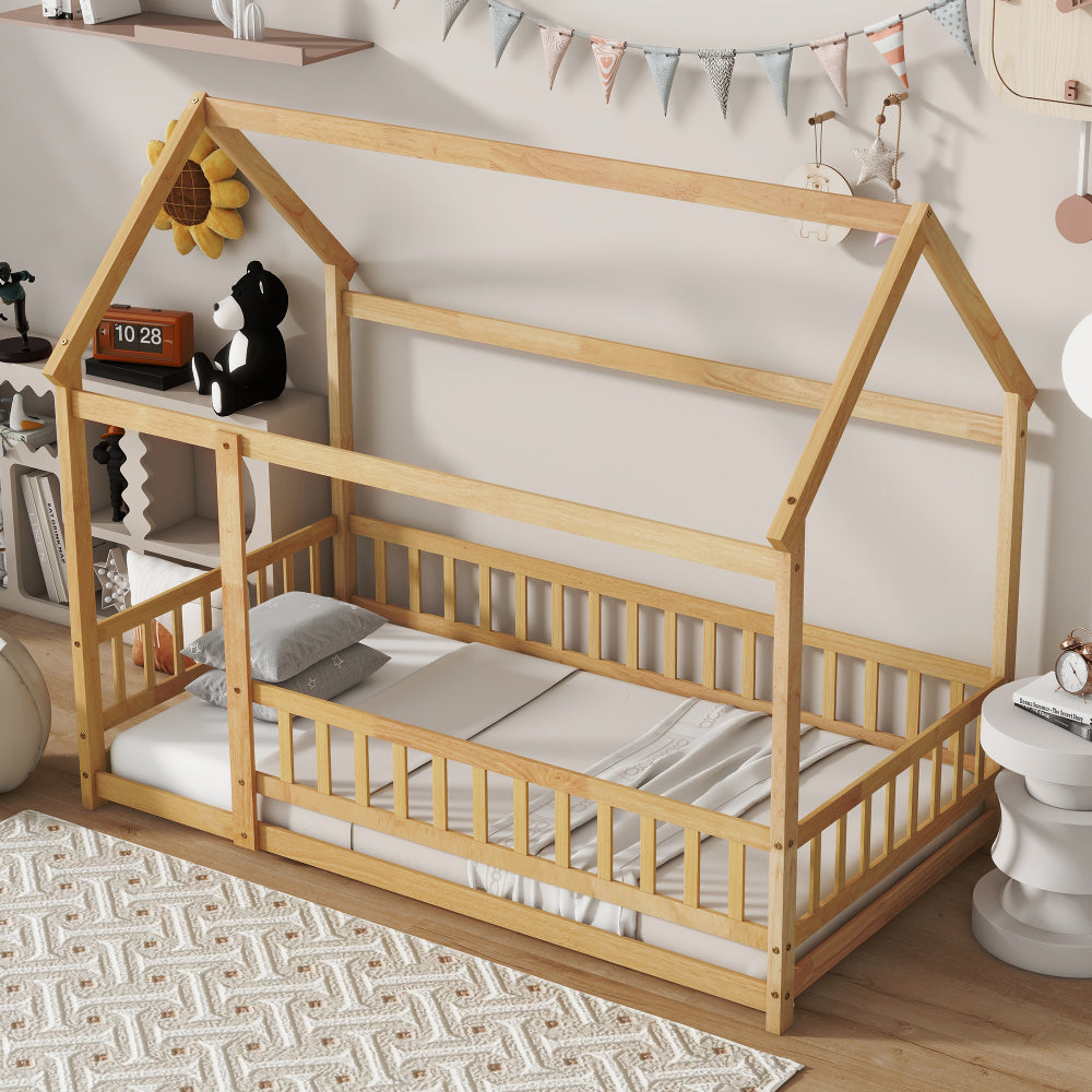 Twin Size House Floor Wooden Bed with Roof Frame,Safety Guardrails,Natural (Old Sku W504P286404)