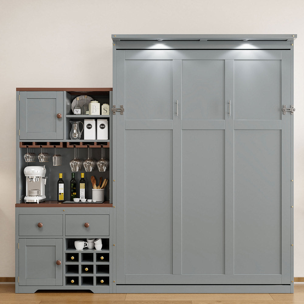 Queen Size Murphy Bed with Storage Cabinet, Wine Rack, Glass Holder, Drawers and Multi-Color LED Strip, Gray