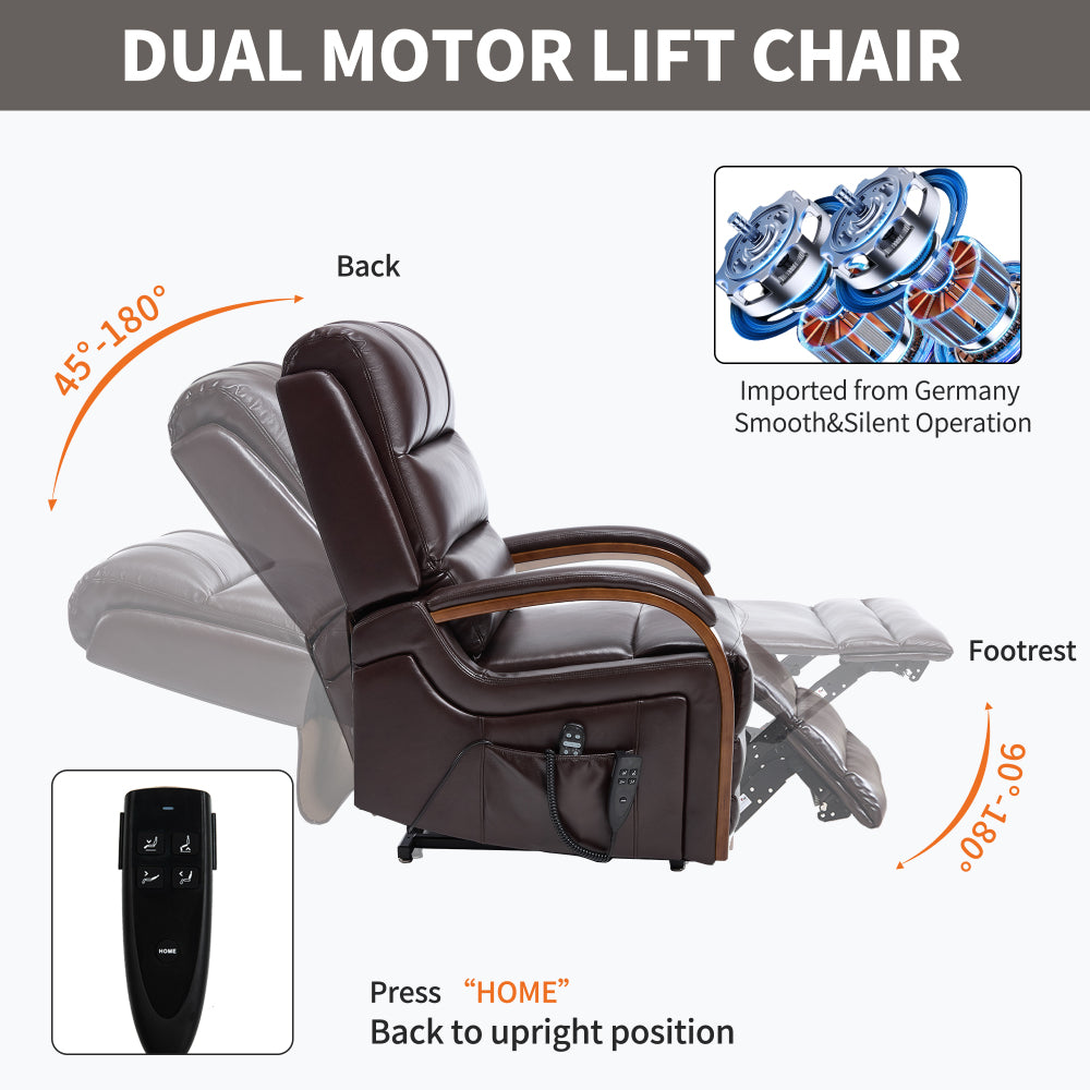 Power Brown Leatheraire Lift Recliner Chair Dual Motor Infinite Position Up to 350 LBS with Solid Wood Armrests, Heat Massage and Heavy Duty Motion Mechanism