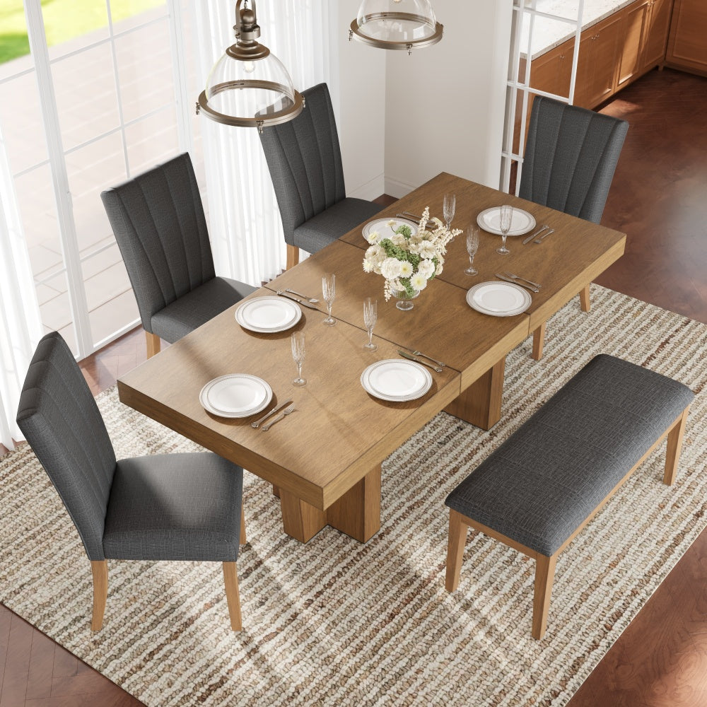 TOPMAX Farmhouse 78.1inch Extendable Wood Dining Table Set for 6, Kitchen Table Set with Bench and 4 Upholstered Chairs,3.8inch Thick Tabletop and Trestle Legs for Kitchen, Dining Room, Gray