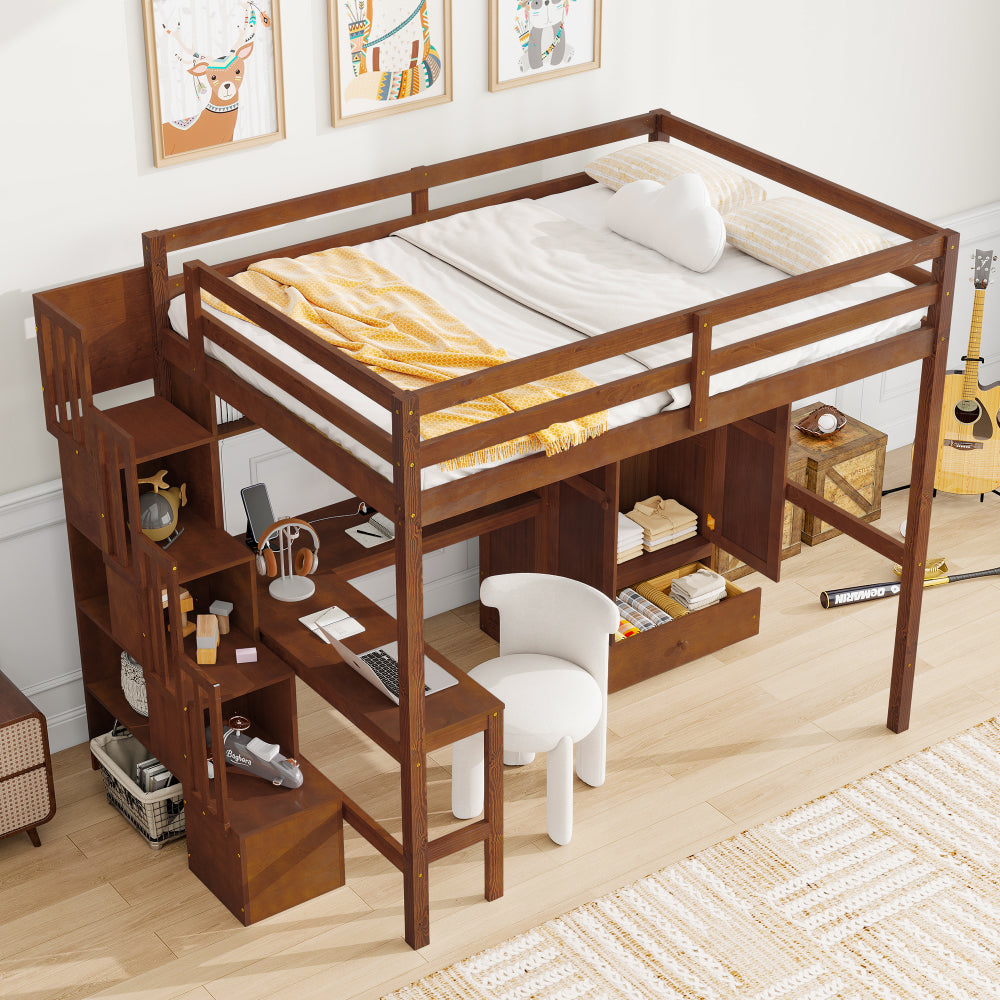 Full Size Loft Wood Bed with Desk, Book shelves and Wardrobe with Doors and Drawer, Built-in Staircase with Storage Shelves, Loft Bed with Safety Guardrails and Solid Slats,Walnut
